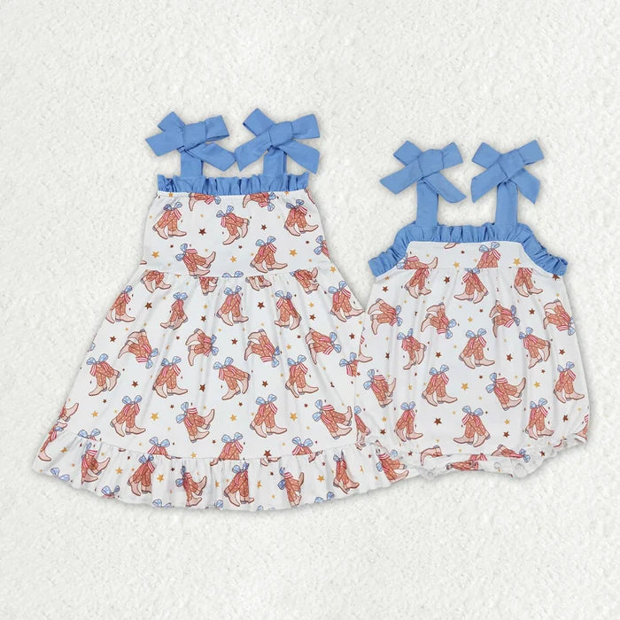 Sibling Baby Girls Straps Boots Bows Western Rompers Dresses