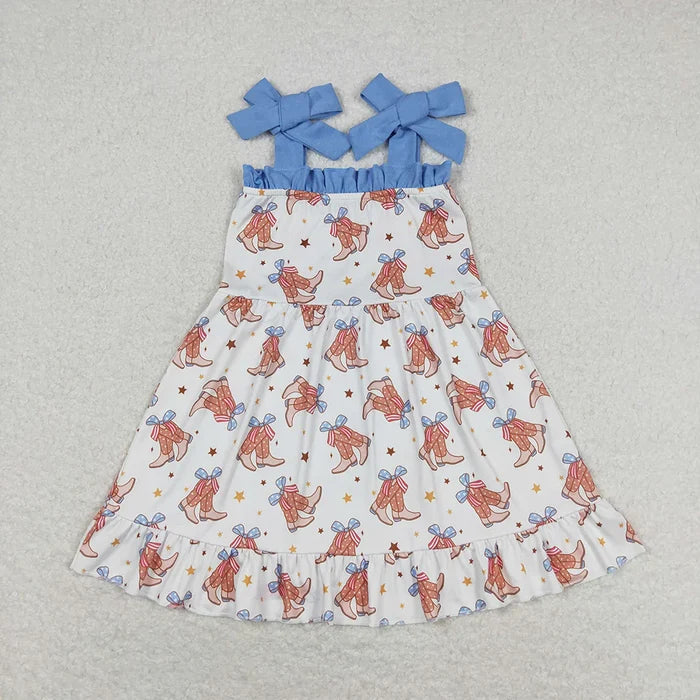 Sibling Baby Girls Straps Boots Bows Western Rompers Dresses