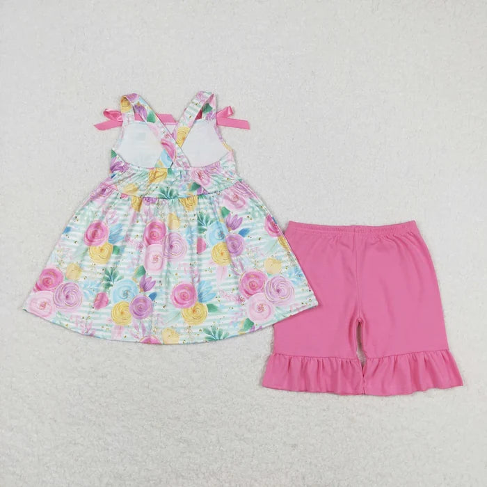 Sibling Baby Girls Straps Floral Tunic Ruffle Shorts Summer Outfit