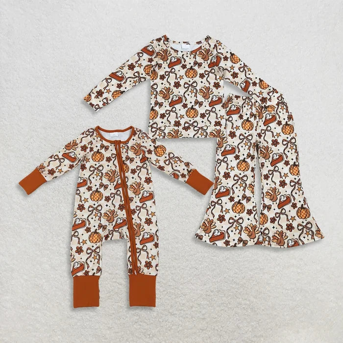 Sibling Baby Girls Thankgsgiving Turkey Pumpkin Outfit Romper