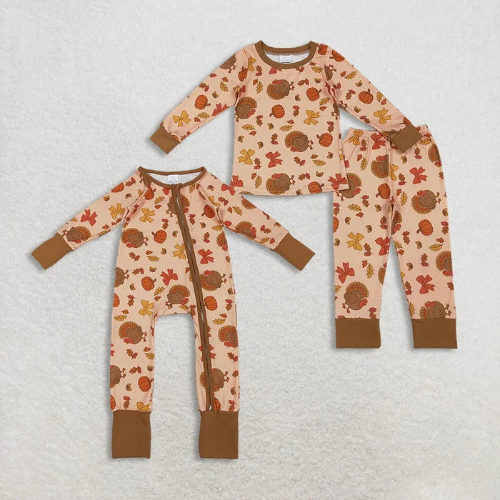 Sibling Baby Girls Turkey Pumpkin Thanksgiving Pajamas Sets Zip Rompers
