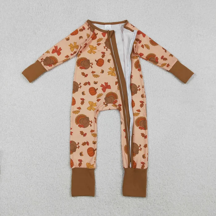 Sibling Baby Girls Turkey Pumpkin Thanksgiving Pajamas Sets Zip Rompers