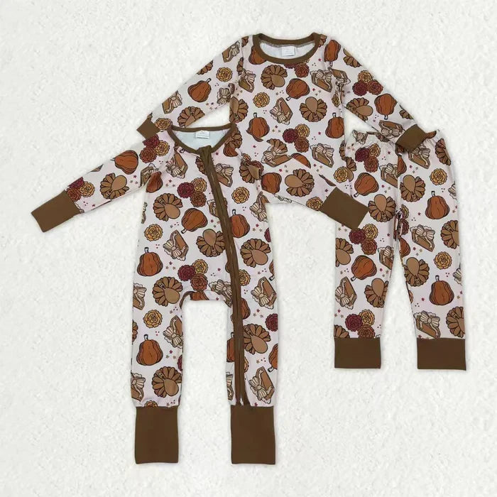 Sibling Baby Girls Turkey Pumpkins Top Pants Thanksgiving Pajamas Sets Zipper Footie Rompers