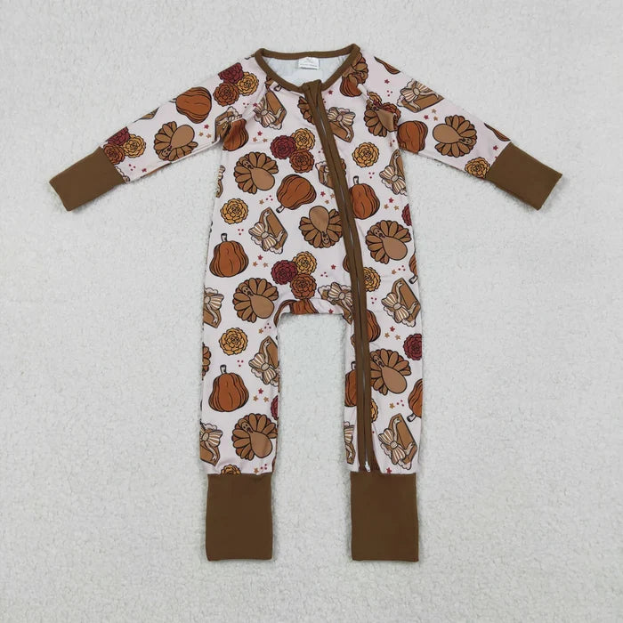 Sibling Baby Girls Turkey Pumpkins Top Pants Thanksgiving Pajamas Sets Zipper Footie Rompers