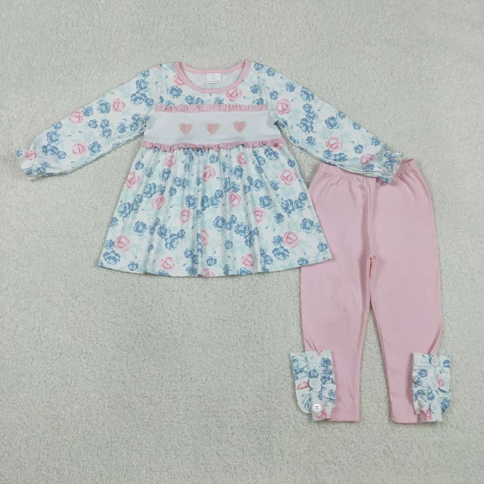 Sibling Baby Girls  Valentines Emboidery Heart Tunic Top with Leggongs Pants Outfit