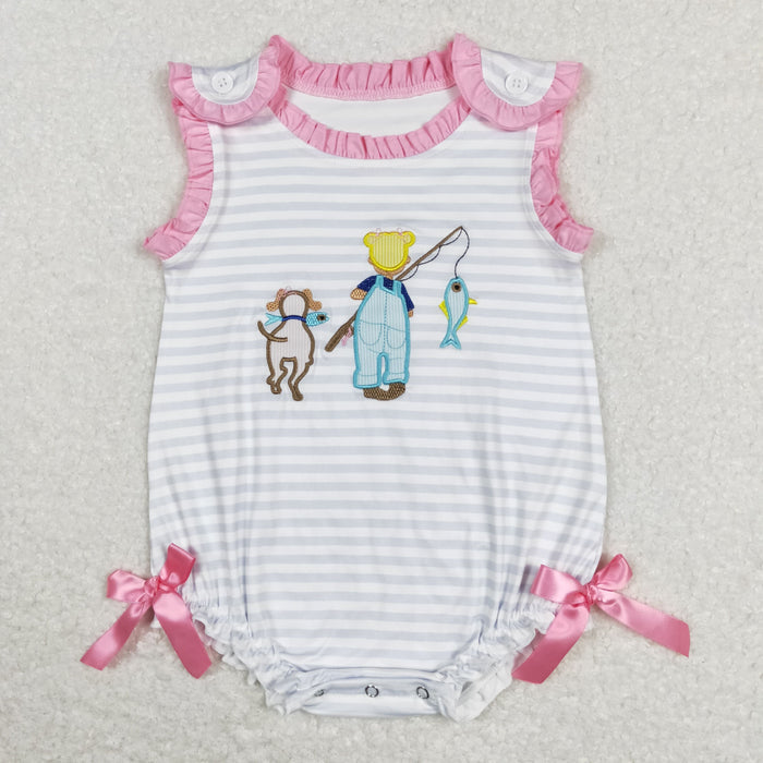 Sibling Baby Kids Embroidery Fishing Stripe Tunic Ruffle Shorts Hunting Clothes Set Rompers