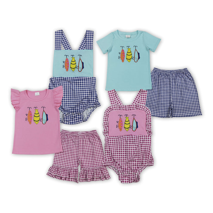 Sibling Baby Kids Embroidery Fishing Top Checked Shorts Hunting Clothes Set Strap Rompers
