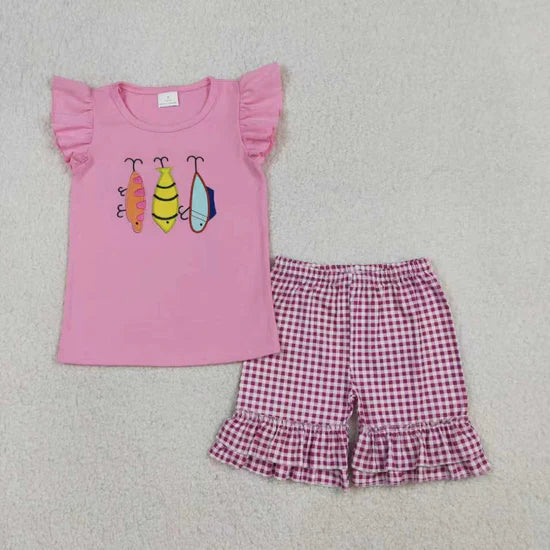 Sibling Baby Kids Embroidery Fishing Top Checked Shorts Hunting Clothes Set Strap Rompers