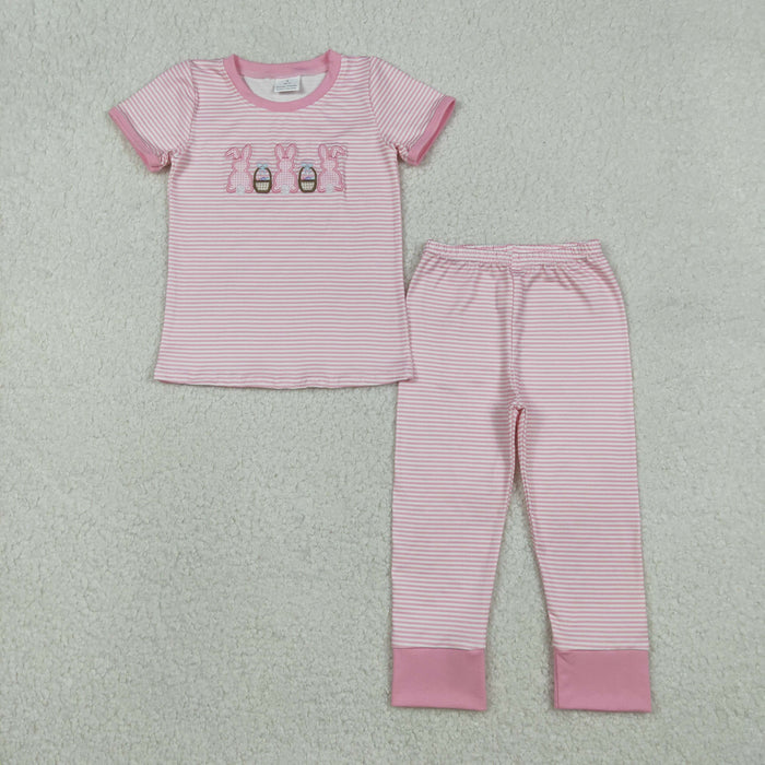 Sibling Baby Kids Embroidery Rabbits Eggs Stripe Top Pants Easter Pajamas Sets
