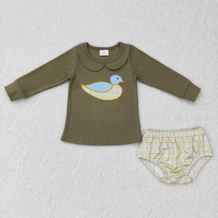 Sibling Baby Kids Olive Embroidery Ducks Top Checked Pant Bummies Hunting Clothes Sets