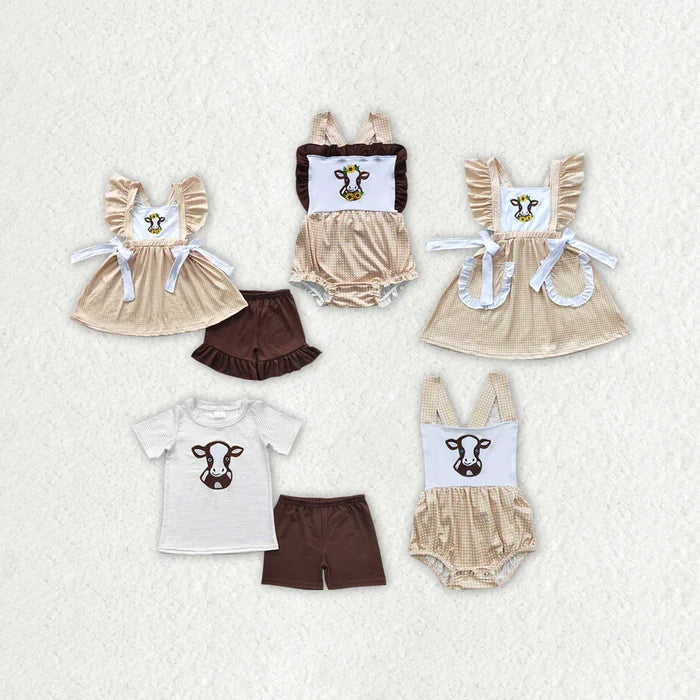 Sibling Boys Baby Girls Western Sunflower Cow Outfits Suits