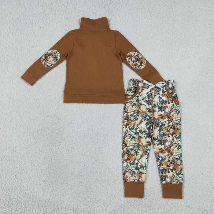 Sibling  Boys Fall leaf Camo Pullover Top with Joger Set and Baby Romper