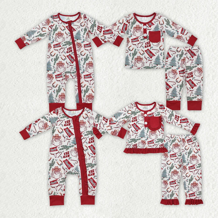 Sibling Boys Girls Christmas Western Santa Cactus Bamboo Rompers Pajamas