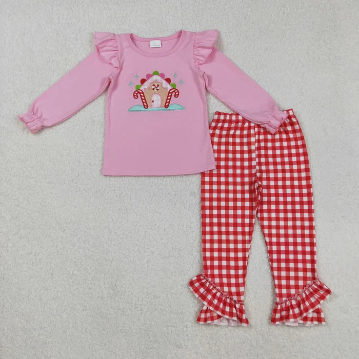 Sibling Embroidery House Candy Cane Baby Kids Long Sleeves Pants Christmas Clothes Sets