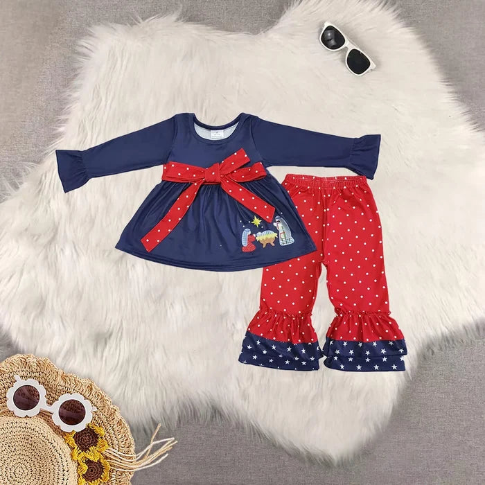 Sibling Girls Baby Girls Christmas Nativity Tunic Ruffle Pant Clothes Sets