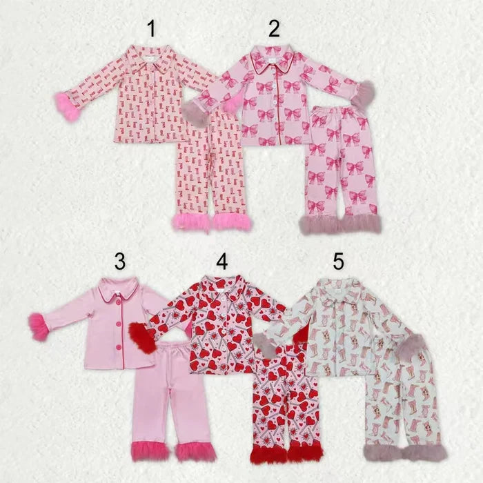 Sibling Girls Bow Boots Heart Print Buttons Top Pants Pajama Set with Fur