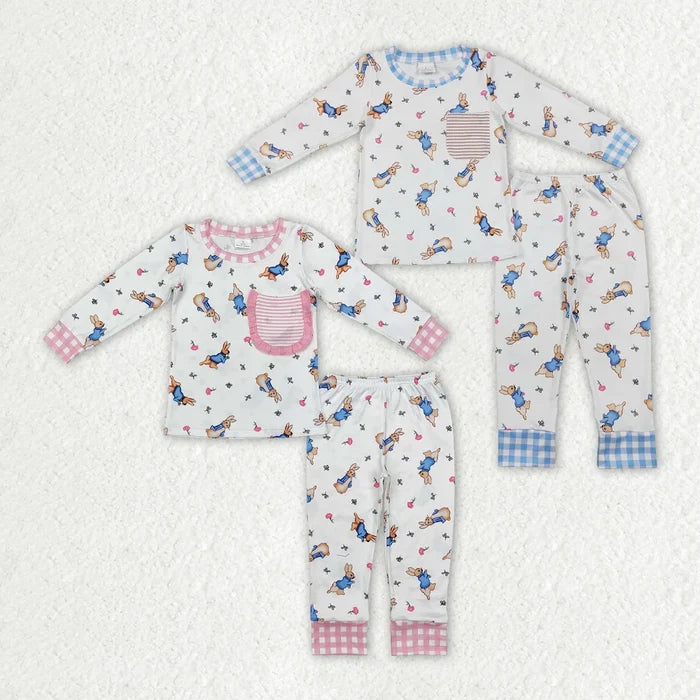 Sibling  Girls Boys Easter Bunny Pocket Long Sleeve Pajama Set