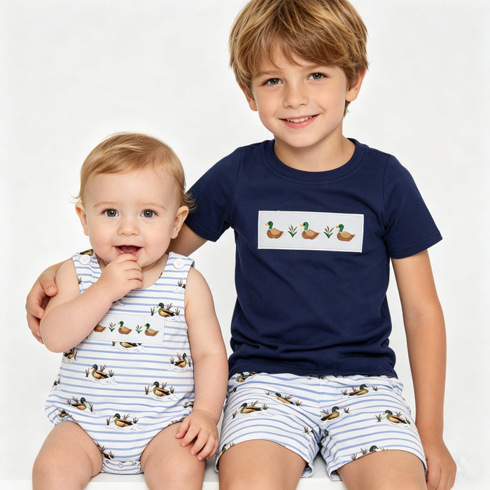 Sibling Toddler Boys Embroidery  Mallard Duck Shorts Set+Bubble Romper
