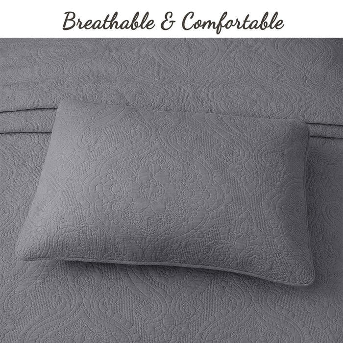 Solid Gray Chic Brocade Matelassé Medallion Floral 3 Piece Cotton Reversible Quilt Bedding Set