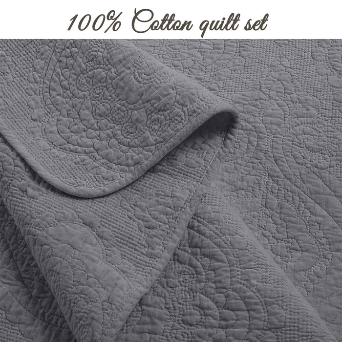 Solid Gray Chic Brocade Matelassé Medallion Floral 3 Piece Cotton Reversible Quilt Bedding Set