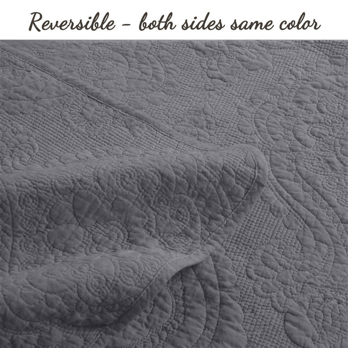 Solid Gray Chic Brocade Matelassé Medallion Floral 3 Piece Cotton Reversible Quilt Bedding Set