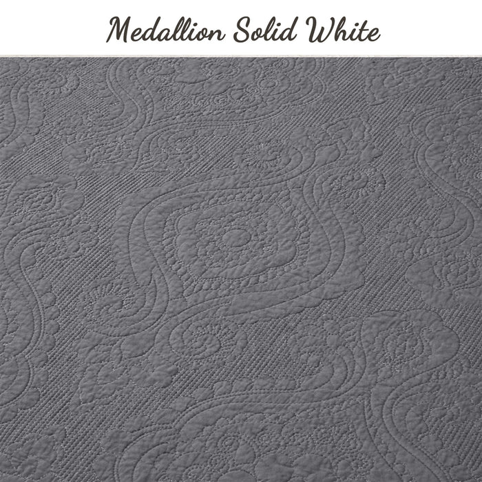 Solid Gray Chic Brocade Matelassé Medallion Floral 3 Piece Cotton Reversible Quilt Bedding Set