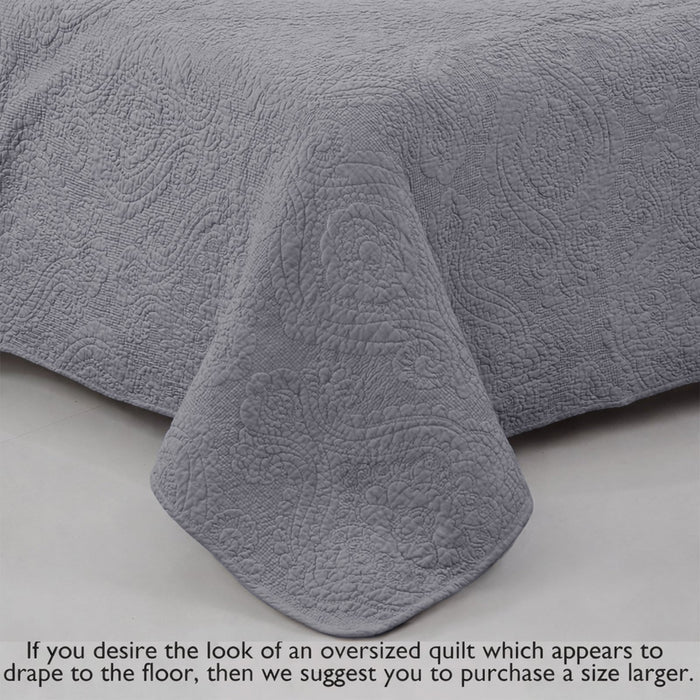 Solid Gray Chic Brocade Matelassé Medallion Floral 3 Piece Cotton Reversible Quilt Bedding Set