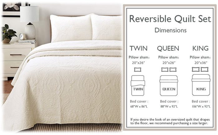Solid Ivory Chic Brocade Matelassé Medallion Floral Cotton Reversible Quilt Bedding Set (Copy)