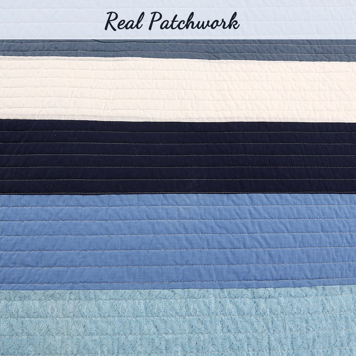 Sophisticated Shades of Ocean Blues Stripped Cotton Reversible Quilt Bedding Set