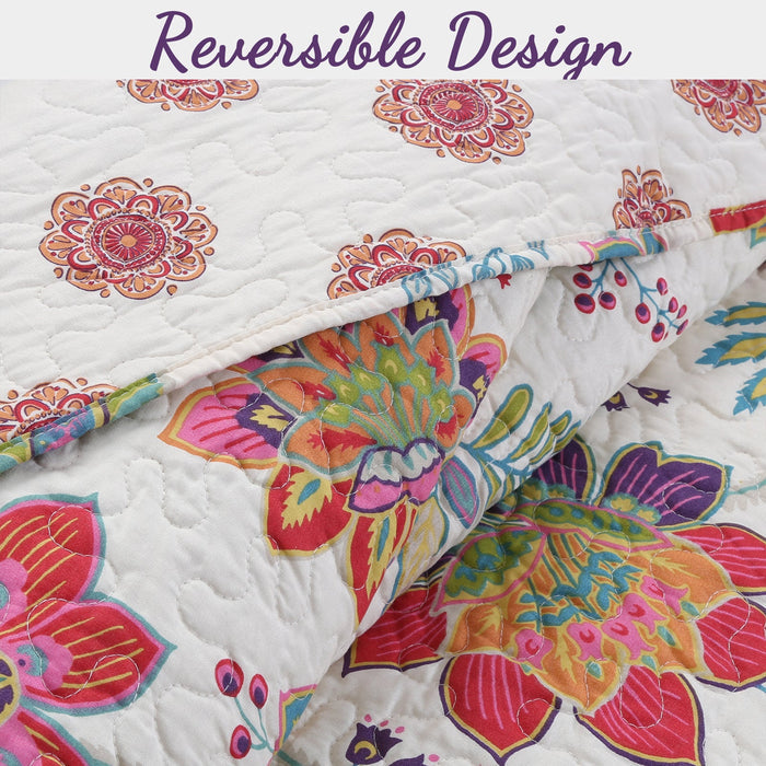 Spring Blossom Floral 3-Piece Reversible Quilt Bedding Set