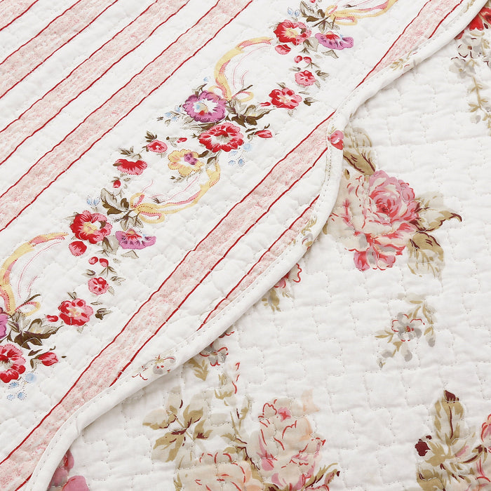 Spring Rose Floral Scalloped Cotton Quilted Reversible Decor Throw Blanket