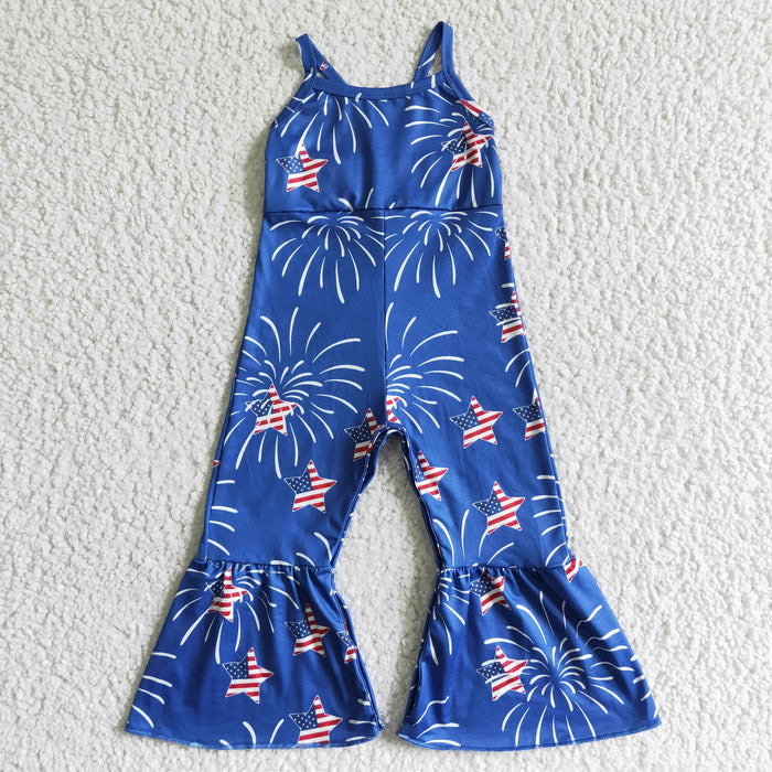 SR0055 Fireworks Stars Print Baby Girls 4th of July Strap Jumpsuits