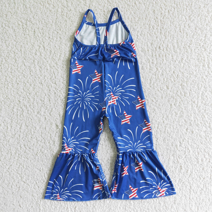 SR0055 Fireworks Stars Print Baby Girls 4th of July Strap Jumpsuits