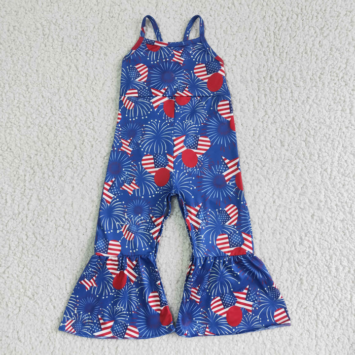 SR0056 Fireworks Stars Flag Print Baby Girls 4th of July Strap Jumpsuits