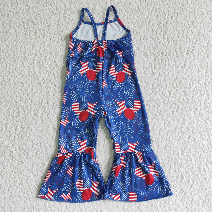 SR0056 Fireworks Stars Flag Print Baby Girls 4th of July Strap Jumpsuits