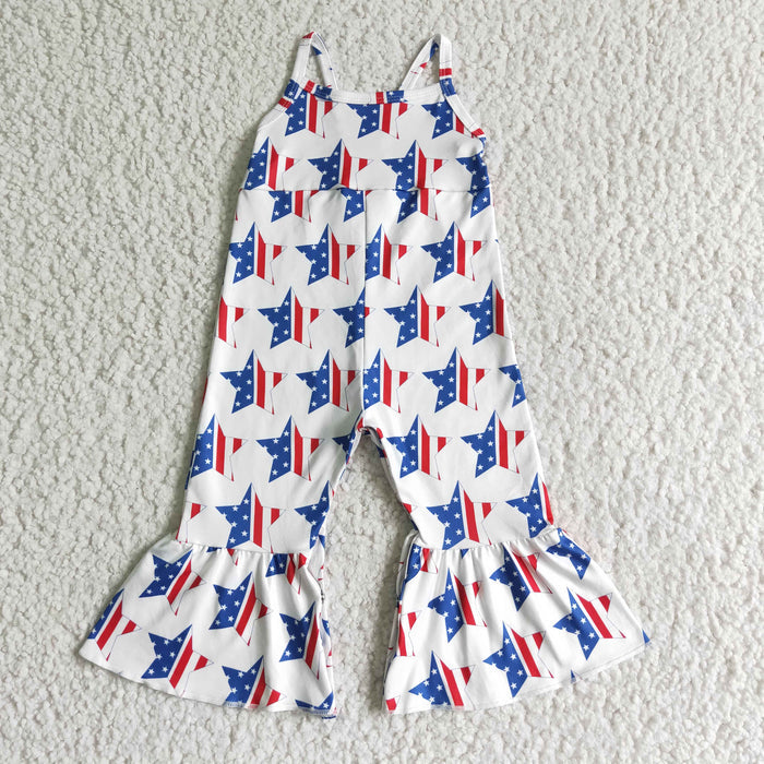 SR0057 Stars White Print Baby Girls 4th of July Strap Jumpsuits
