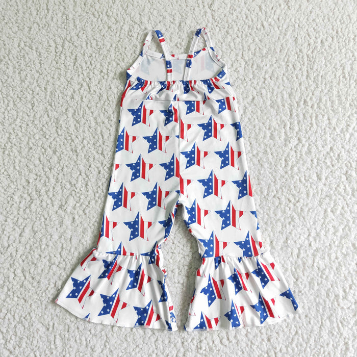 SR0057 Stars White Print Baby Girls 4th of July Strap Jumpsuits