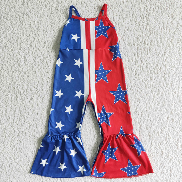 SR0058 Stars Red Blue Print Baby Girls 4th of July Strap Jumpsuits