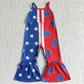 SR0058 Stars Red Blue Print Baby Girls 4th of July Strap Jumpsuits
