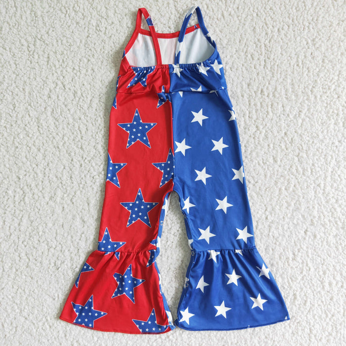 SR0058 Stars Red Blue Print Baby Girls 4th of July Strap Jumpsuits