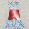 SR0385 Blue Polka Dot & Red Stripe Bow Strap Patriotic Jumpsuits