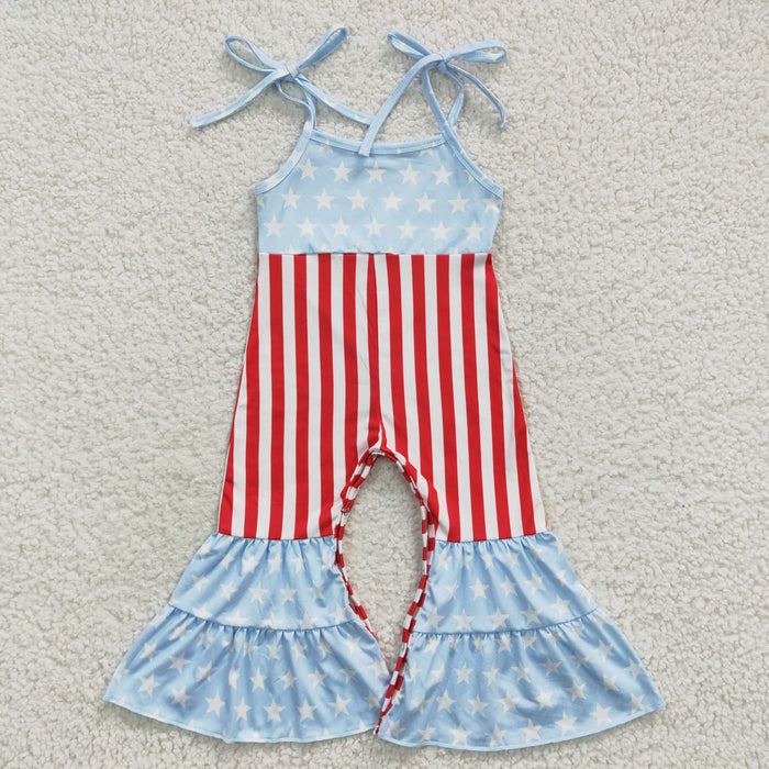 SR0385 Blue Polka Dot & Red Stripe Bow Strap Patriotic Jumpsuits