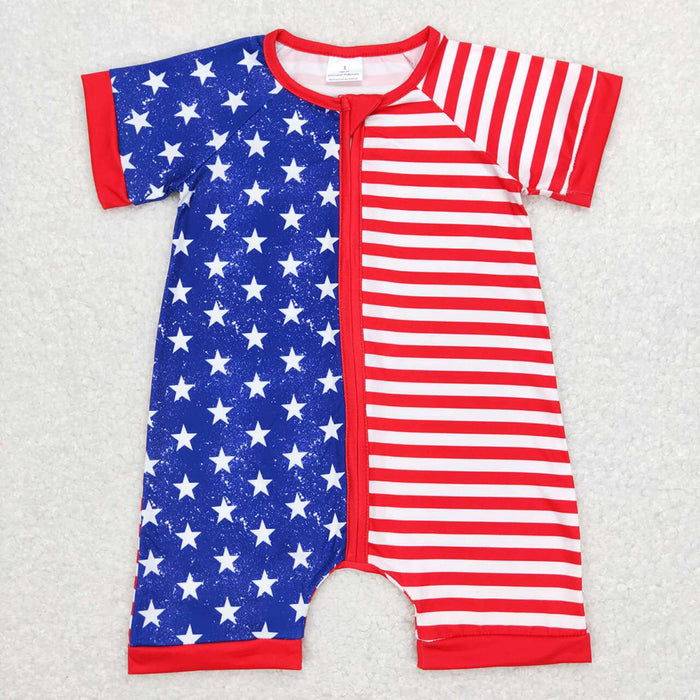 SR0673  Stars Stripes Print Baby 4th of July Zipper Sleeper Romper