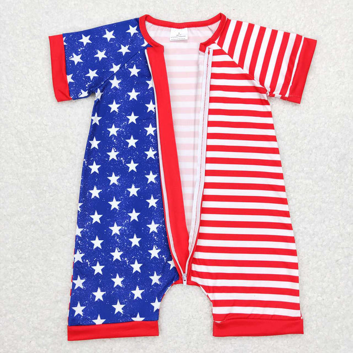 SR0673  Stars Stripes Print Baby 4th of July Zipper Sleeper Romper