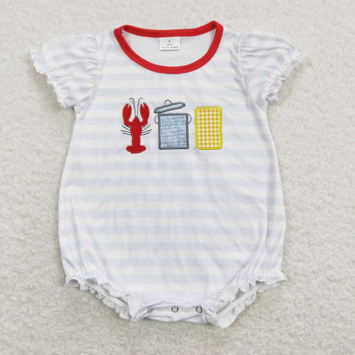 SR0743 Crayfish Embroidery Stripes Print Baby Girls Summer Romper