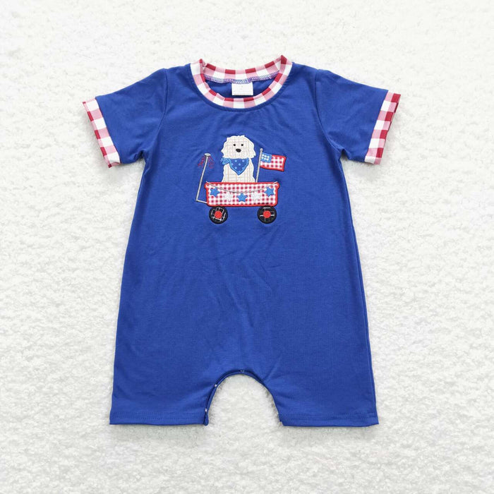 SR0749 Flag Dog Embroidery Blue Baby Boys 4th of July Romper