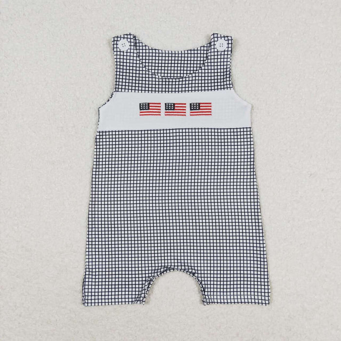 SR1001 Flag Embroidery Plaid Baby Boys 4th of July Sleeveless Romper