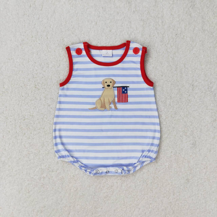 SR1080 Flag Dog Embroidery Stripes Baby Boys 4th of July Sleeveless Romper