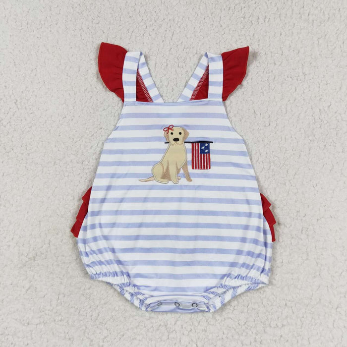 SR1081 Flag Dog Embroidery Stripes Baby Girls 4th of July Bubble Romper