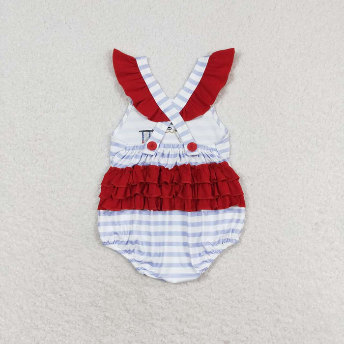 SR1081 Flag Dog Embroidery Stripes Baby Girls 4th of July Bubble Romper